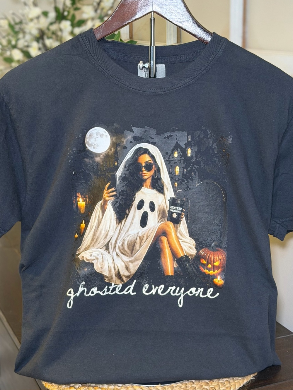 Comfort Colors Black Halloween Graphic Tee with Ghost Girl and Pumpkin